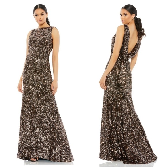 Mac Duggal Cowl Back Boat Neck Sequin Gown - Picture 1 of 8